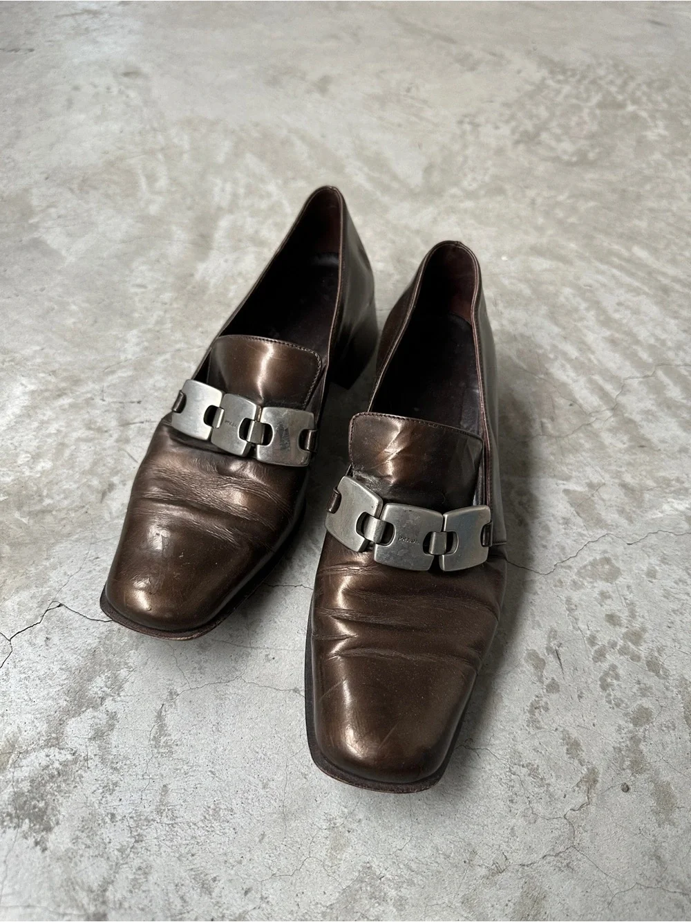 90’s Vintage Prada loafers 38 copper brown block heel square toe silver hardware